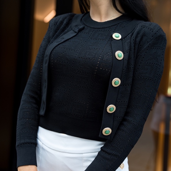 NEW! Monogram Knit Cropped Cardigan - Black - Picture 2 of 11